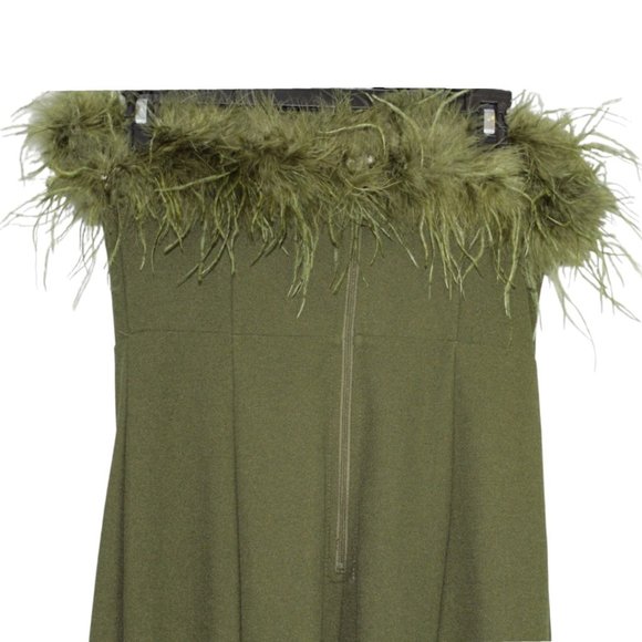 Windsor Medium Olive Green Monica Formal Dress Feather Trim Strapless Split Long - Picture 12 of 16